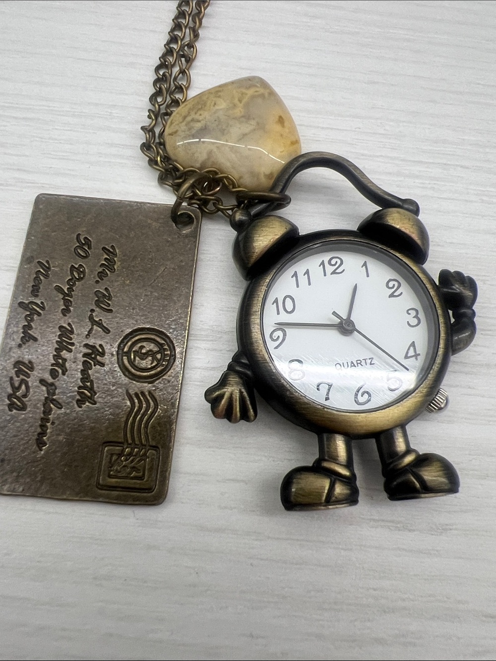 Vintage-Inspired Bronze Tone Alarm Clock Pendant Necklace with Cream Stone - Picture 2 of 7